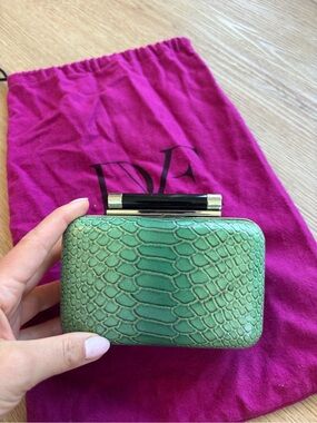 Diane Von Furstenberg Green Faux Croc Mini Clutch with Metallic Accent